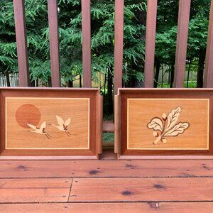 Vintage Wooden Inlayed Marquetry Serving Trays (2pcs) 19" x 11.5"